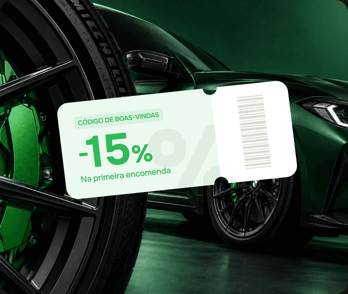 Cupão «Código de boas-vindas» −15% na primeira encomenda à frente de um carro verde